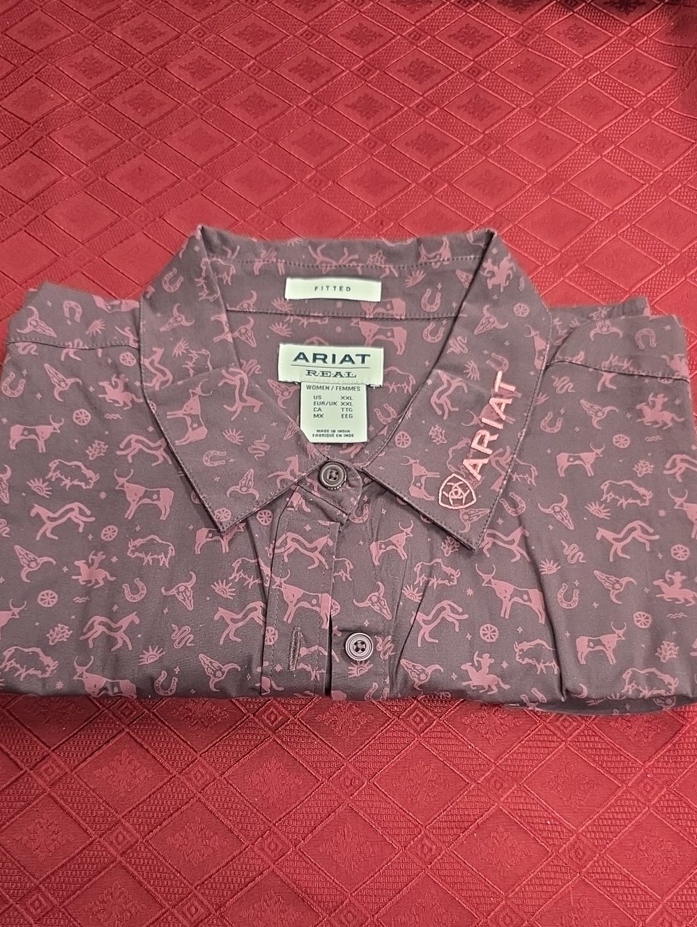 Ariat Womens Mauve Button-Down with Light Pink Western Motif